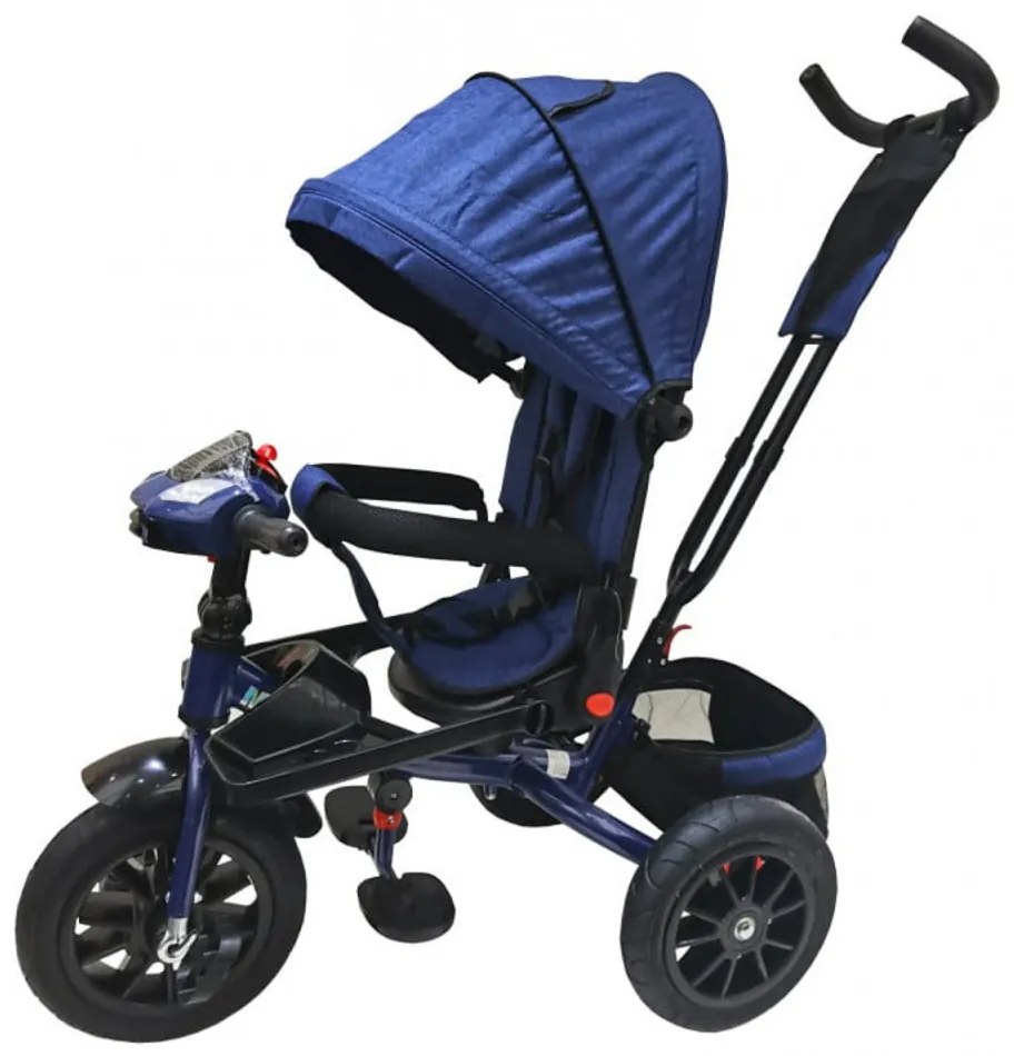 Tricicleta cu copertina NOVOKIDS Super Trike, Cu melodii si lumini, Roti din cauciuc, Pozitie somn, Scaun reversibil cu rotatie 360 grade, Albastru