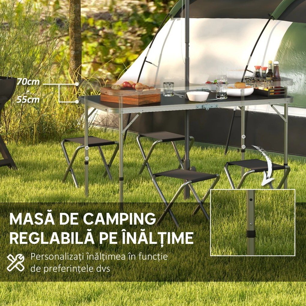 Outsunny Set Masă de Camping Pliabilă cu 4 Scaune, Masă de Picnic Reglabilă pe Înălțime, 4 Bănci și Orificiu pentru Umbrelă, din Aluminiu, pentru Picnic, Mare, Grădină, Negru | Aosom Romania