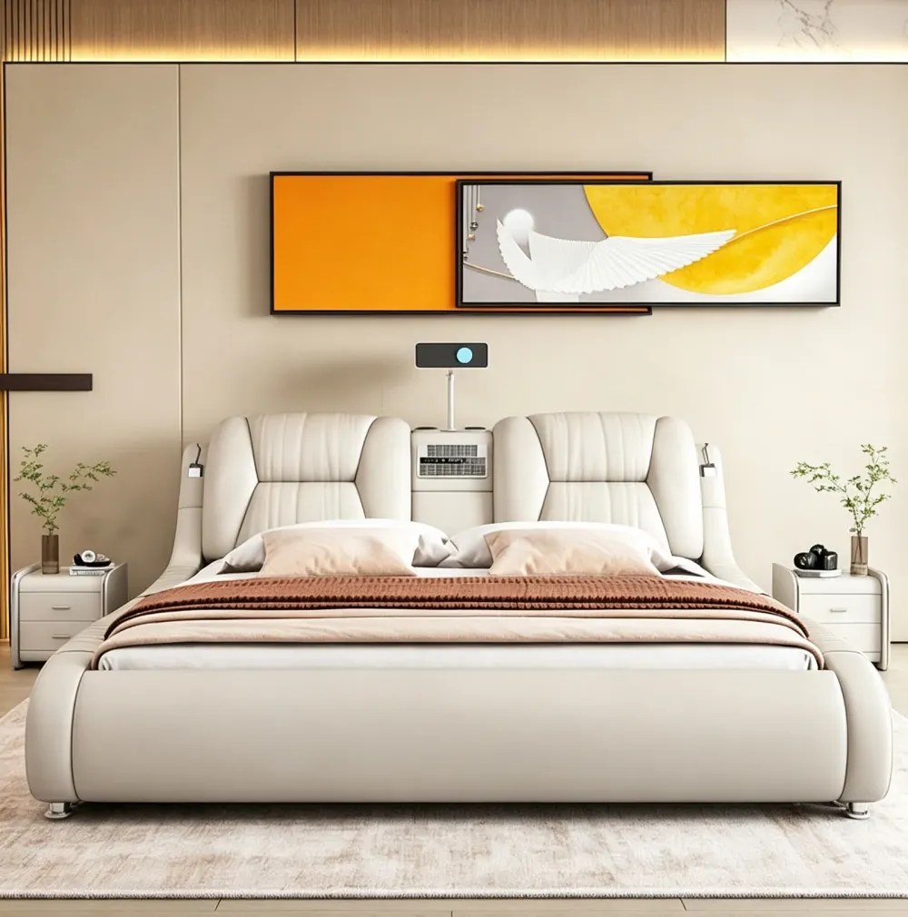 MOB05 Premium 180x200 cm Beige Left Drawer – Pat Inteligent Premium cu Proiector, Purificator de Aer, Vibromasaj, Boxe Bluetooth, Seif Integrat și Spații de Depozitare