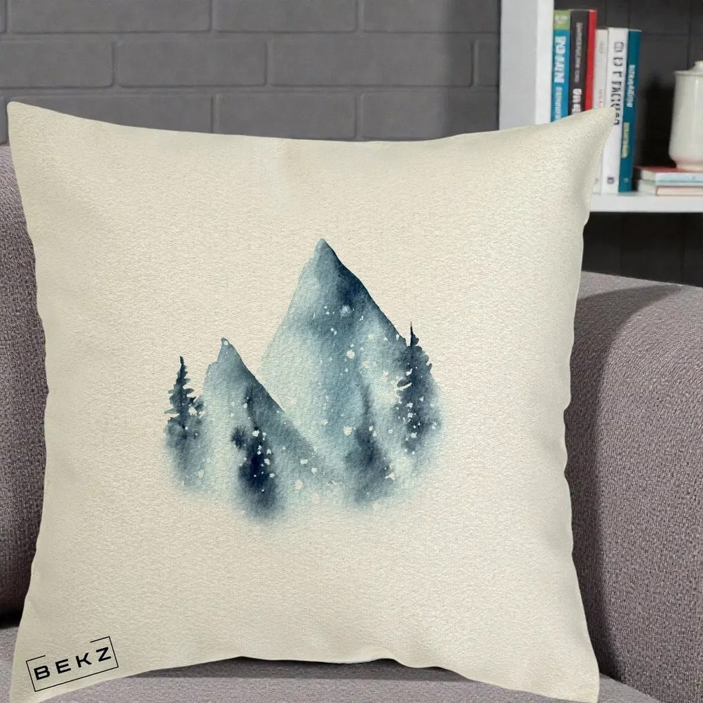 Perna Decorativa Munti Inzapeziti Acuarela Indigo, 40x40 cm, Ecru, Husa Detasabila, Perna Inclusa, BEKZ®