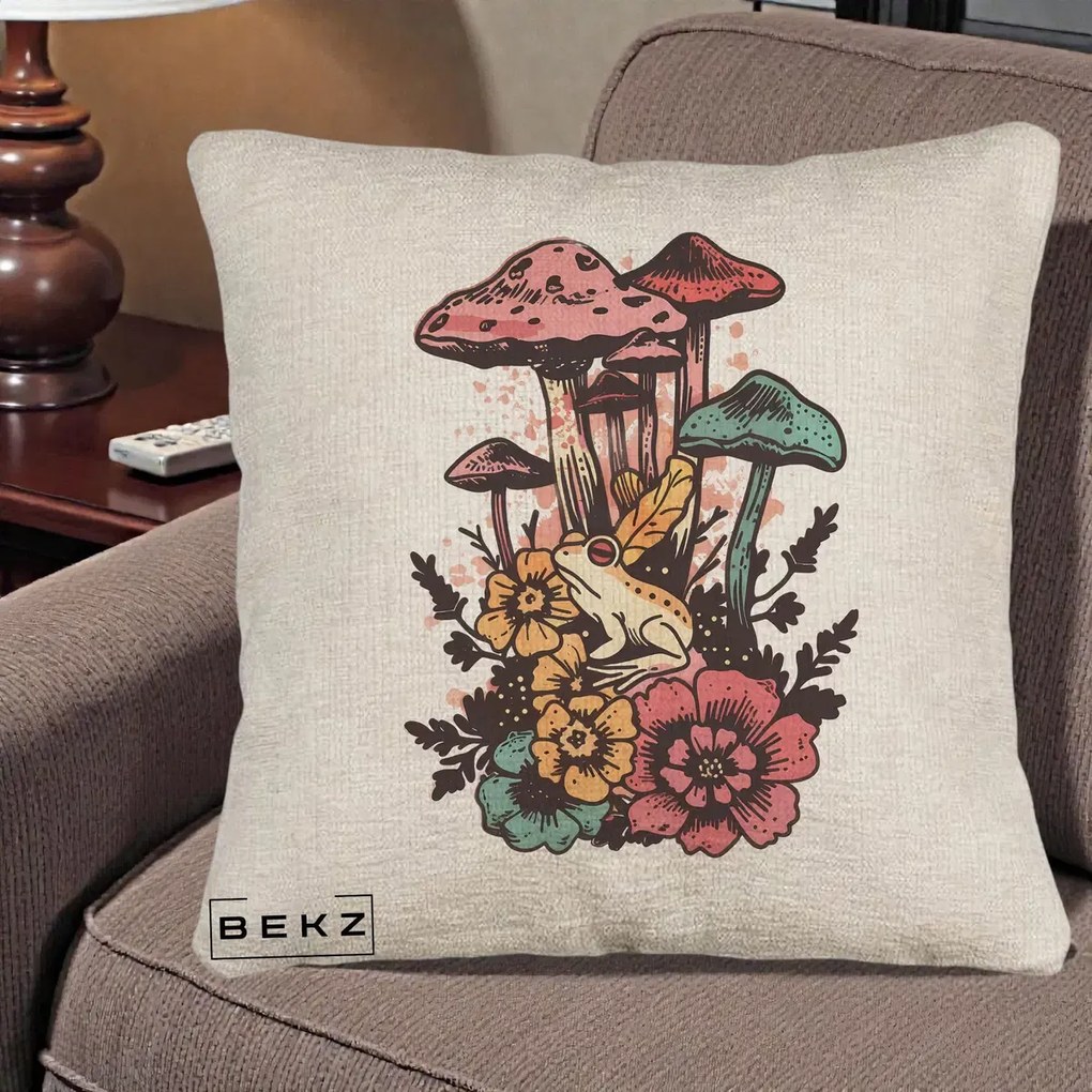Perna Decorativa Ciuperci si Broaste Boho, 40x40 cm, Bej Canapea, Husa Detasabila, Perna Inclusa, BEKZ®