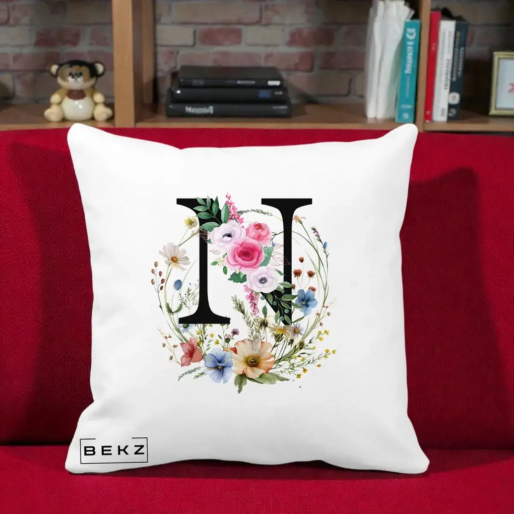 Cadou Personalizat - Perna Personalizata Monogram Litera N cu Flori Acuarela, 40x40 cm, Alba Mata, Husa Detasabila, Perna Inclusa, BEKZ®