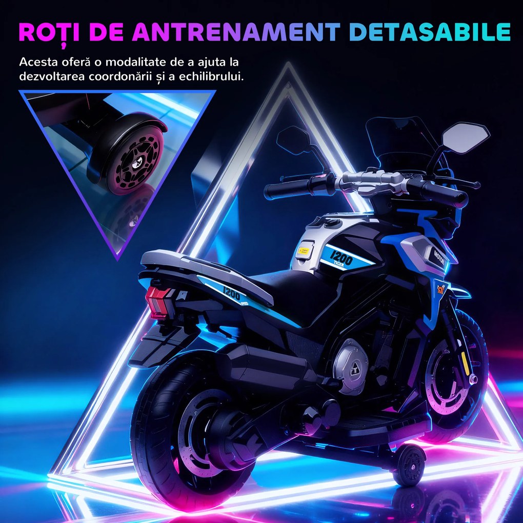 AIYAPLAY Motocicletă Electrică pentru Copii 18-36 Luni, 6V Motocicletă Electrică pentru Copii cu Roți Detașabile, Faruri, Muzică, 2.4 km/h Mini Motocicletă cu Far, Max 30kg, Albastru | Aosom Romania