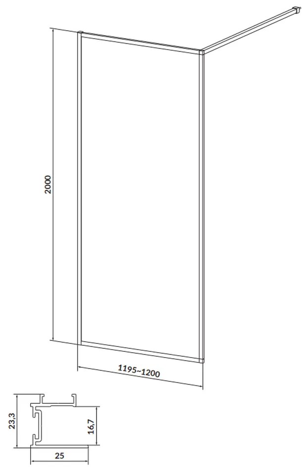 Paravan dus walk-in 120x200 cm Cersanit Larga, sticla securizata, profil negru 1200x2000 mm, Negru mat