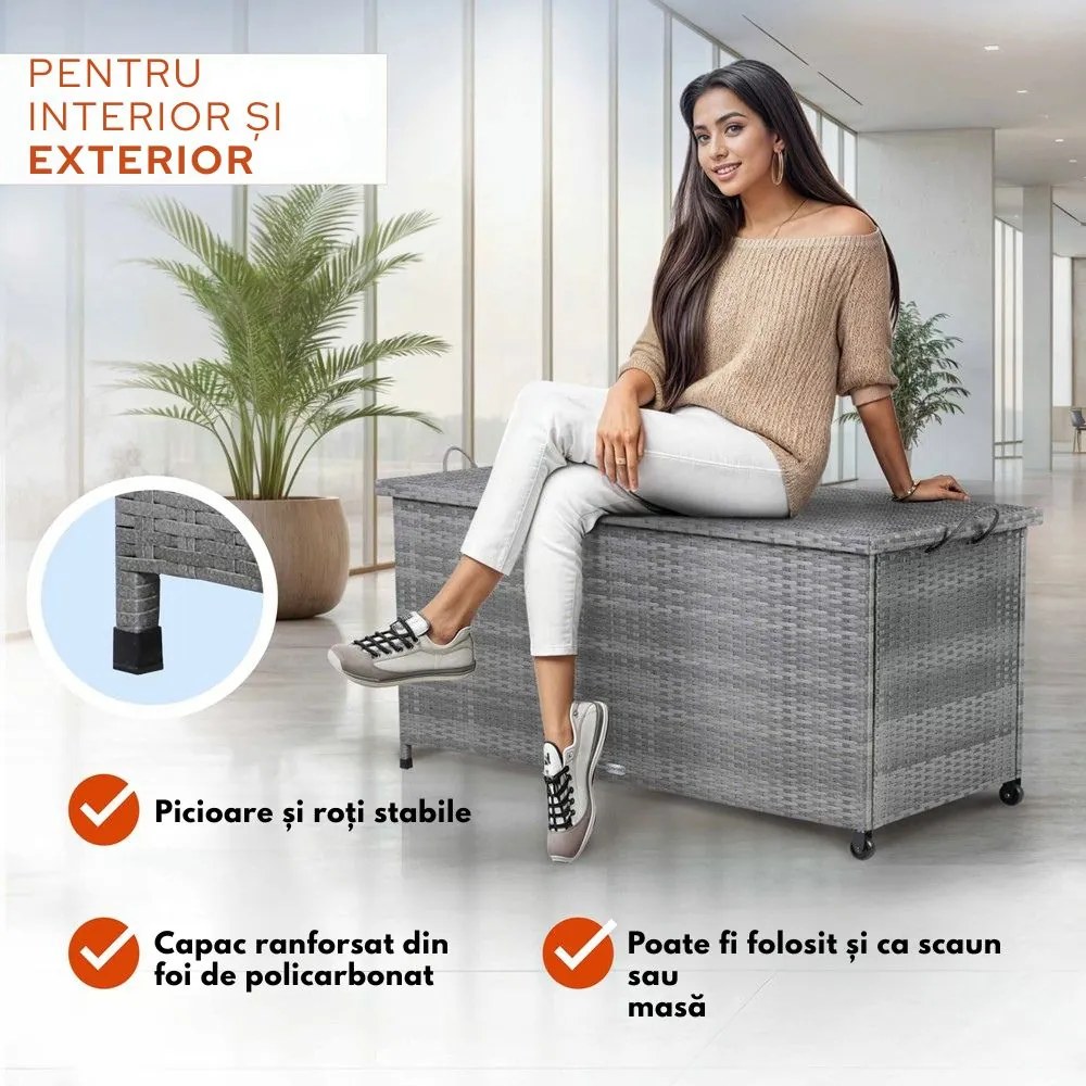 Ladă de depozitare din poliratan RICCO, 270L, 117x53x60cm, gri Casaria