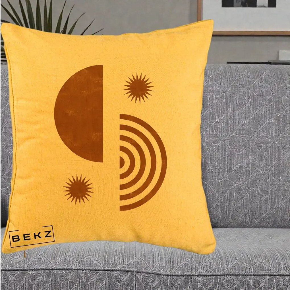 Perna Decorativa Boho Sun si Spirala, 40x40 cm, Galben, Husa Detasabila, Perna Inclusa, BEKZ®