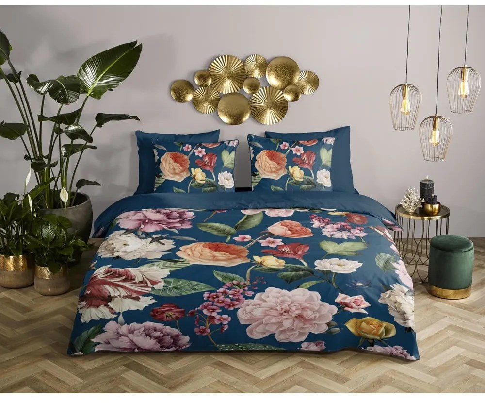 Lenjerie de pat albastru-închis din bumbac satinat pentru pat dublu, extinsă 200x220 cm Fiori – Descanso