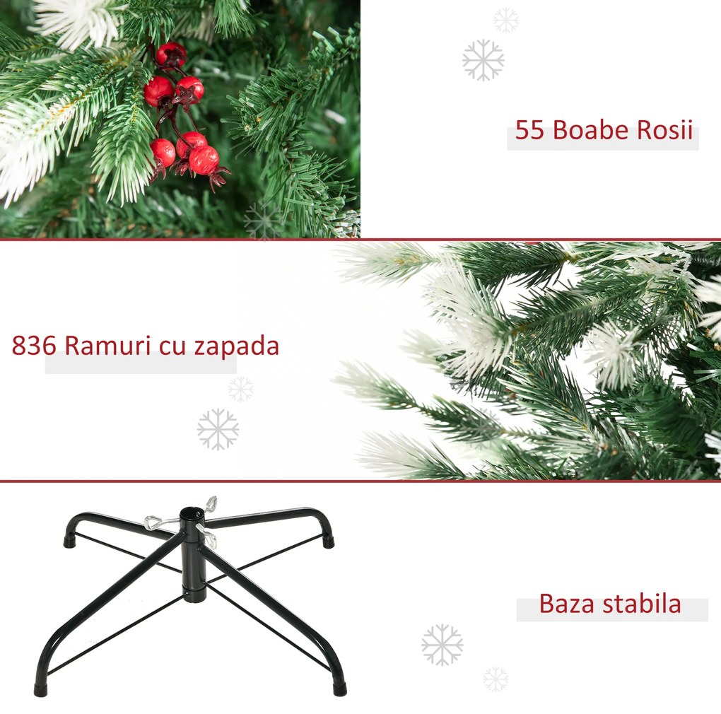 Brad de Craciun Pin artificial Varfuri Ramuri in alb brad cu Ramuri inzapezite Fructe Rosii Φ90x180cm HOMCOM | Aosom Romania