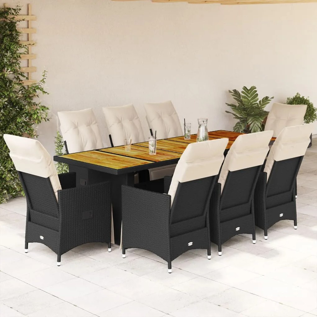 3277255 vidaXL Set bistro de grădină, 9 piese, cu perne, negru, poliratan