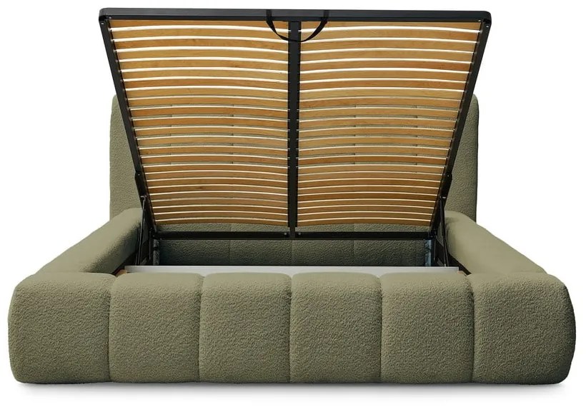Pat matrimonial verde tapițat cu spațiu de depozitare cu somieră 160x200 cm Denali – Bobochic Paris