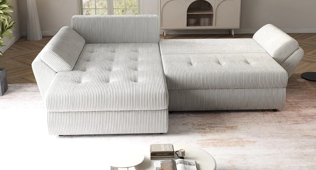 Colțar extensibil dumonde cu ladă de depozitare si sezut confortabil din spuma high-density, Loana Zoom Crem 270x185 cm