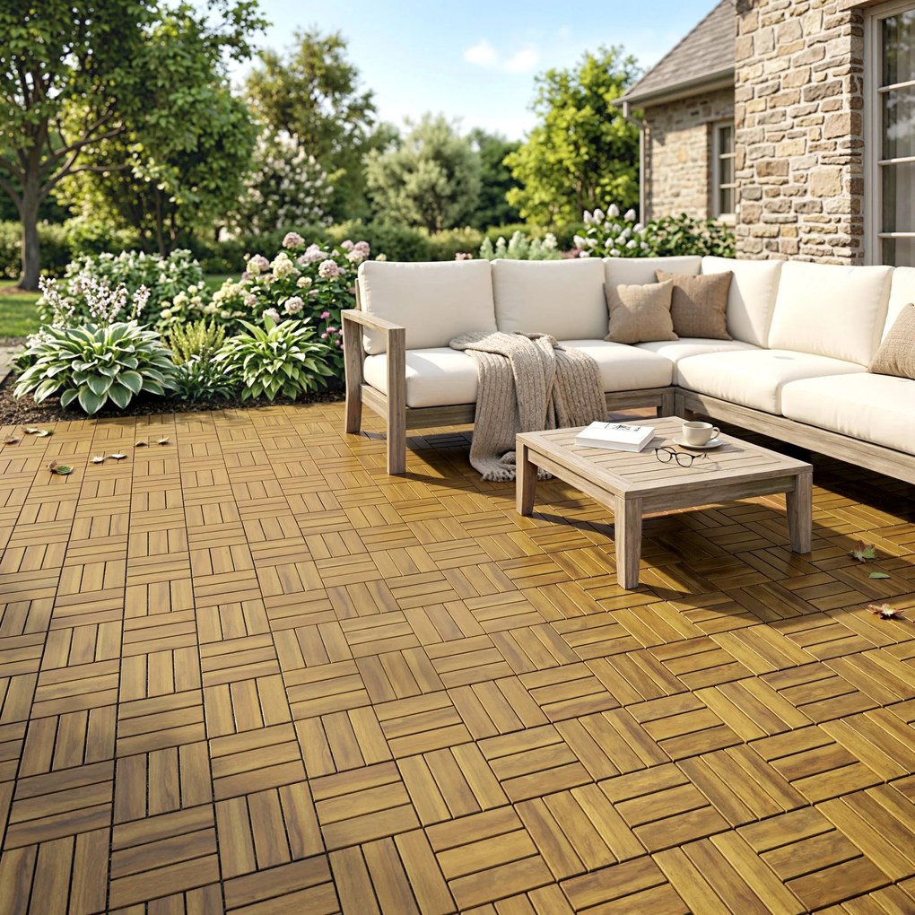 Outsunny Plăci pentru terasă 31x31cm 10 buc. / 0,91m² Plăci cu sistem click din lemn de acacia pentru terasă și balcon, lemn natural | Aosom Romania