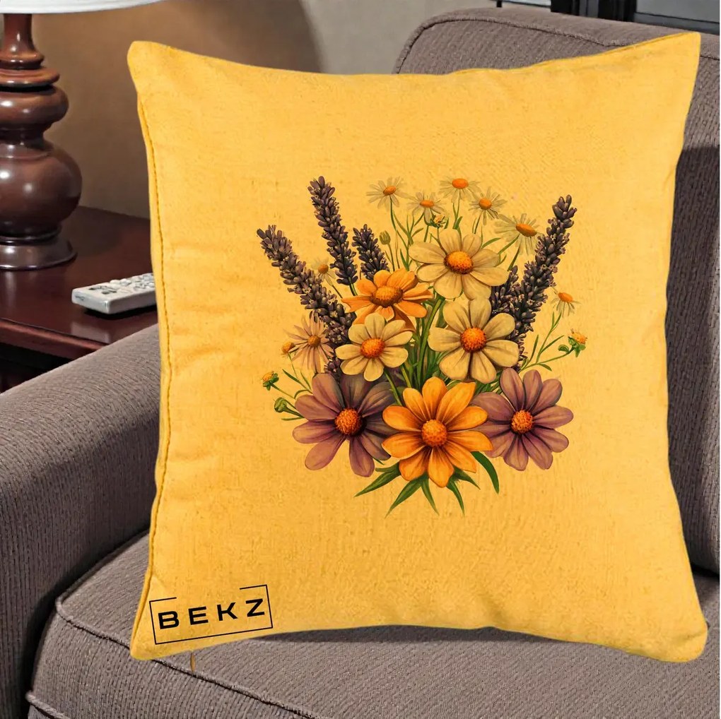 Perna Decorativa Lavanda Musetel si Flori Mov, 40x40 cm, Galben, Husa Detasabila, Perna Inclusa, BEKZ®