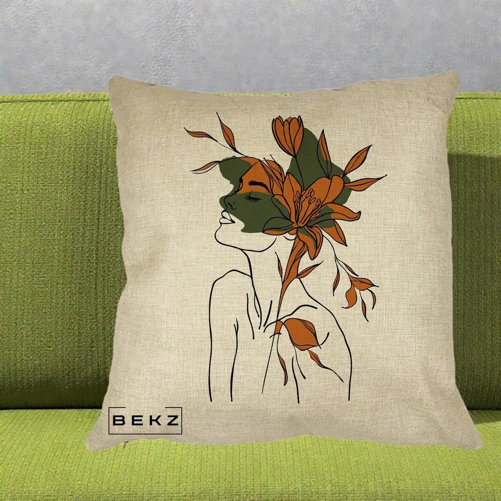Perna Decorativa Portret Feminin Crin Auriu, 40x40 cm, Crem, Husa Detasabila, Perna Inclusa, BEKZ®