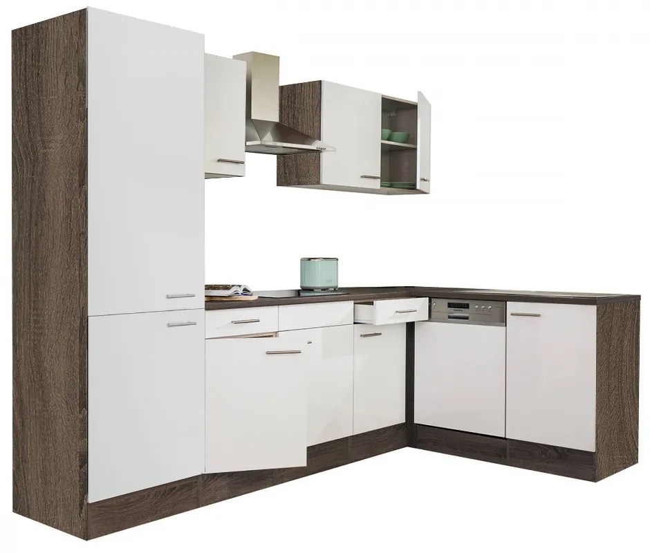 Mobilă de bucătărie de colț Yorki 280, corp stejar Yorki, față alb satinat, dulap cu raft