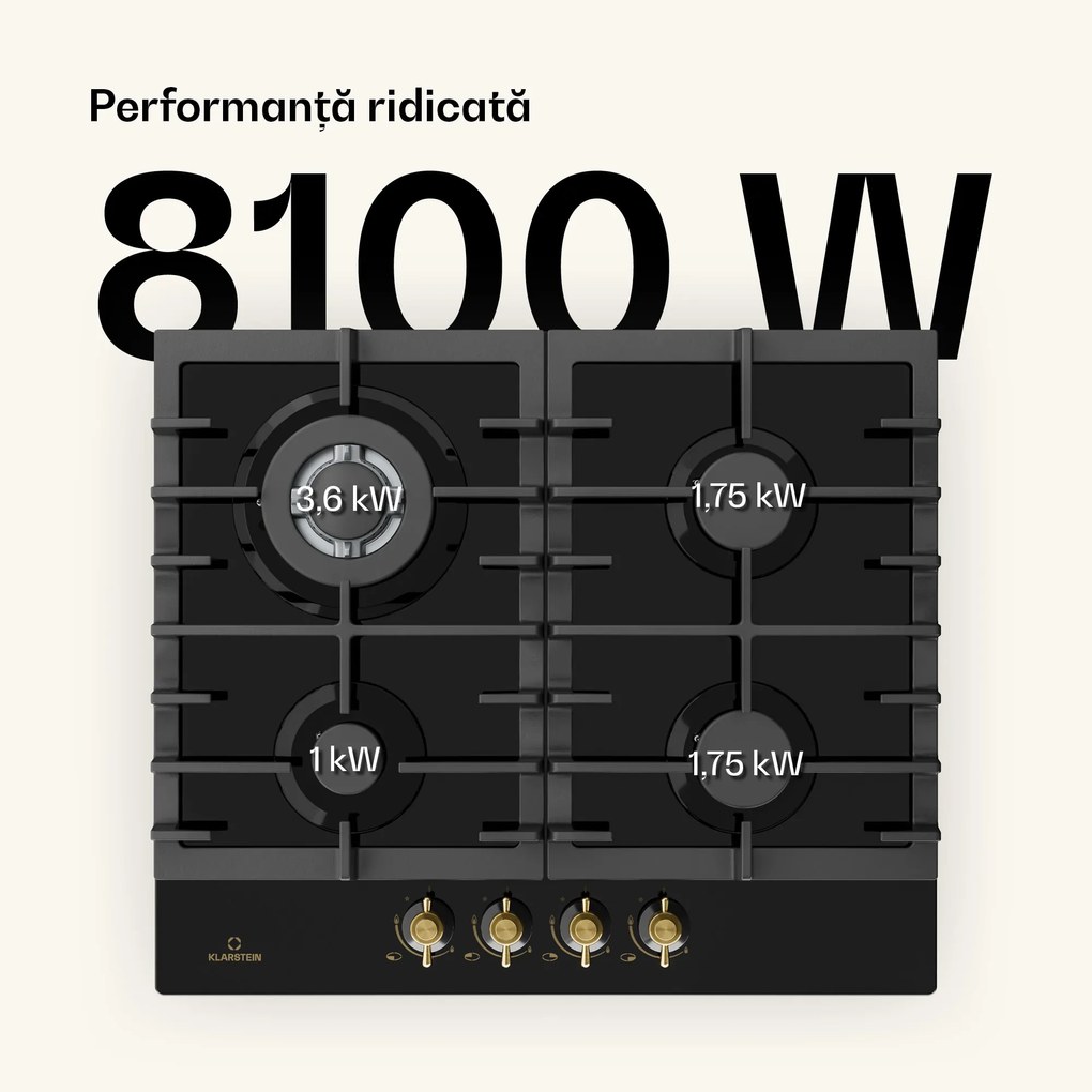Klarstein Victoria 4 Zonen, plită pe gaz, 4 arzătoare, sticlă ceramică, negru