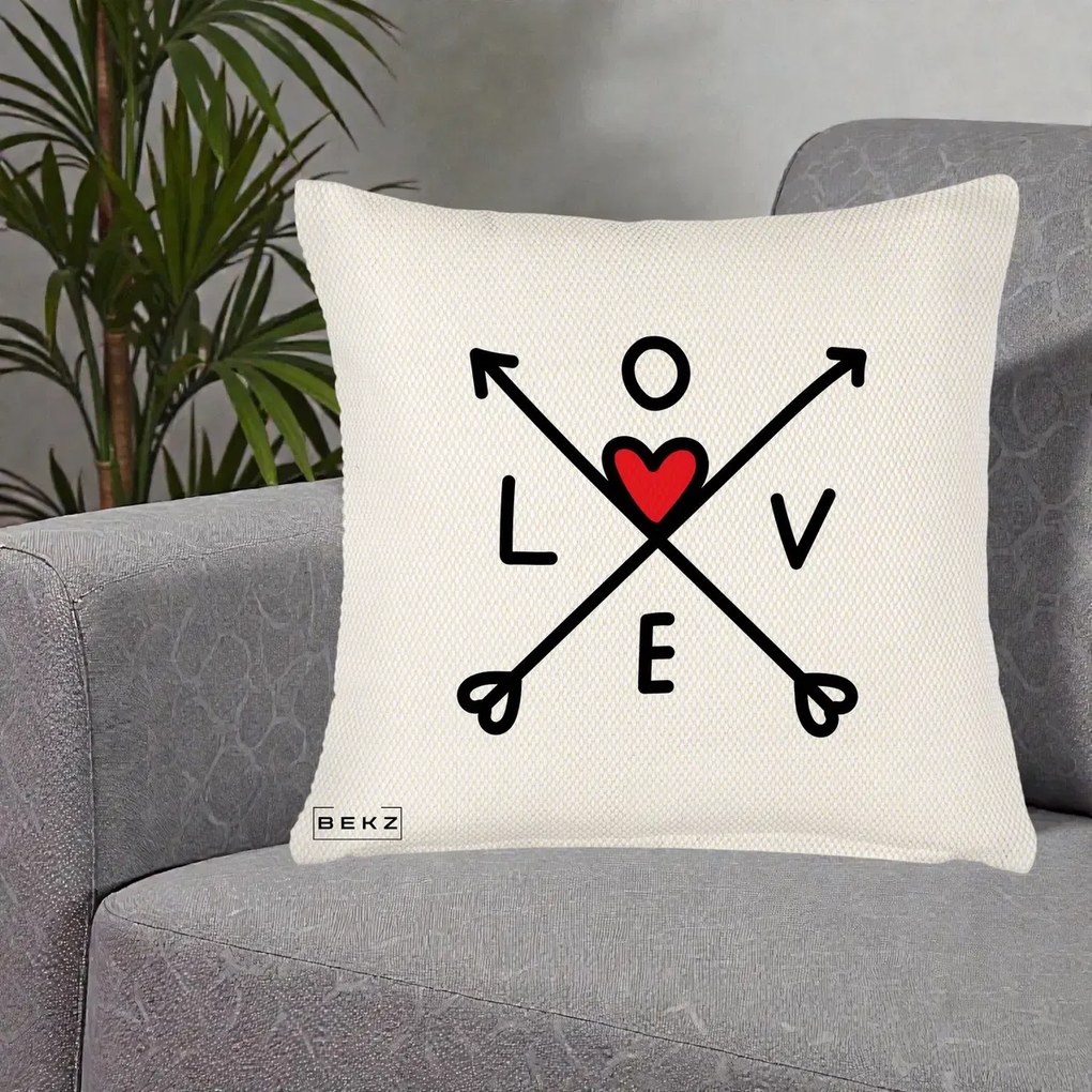 Perna Decorativa Love cu Sageti Incrucisate si Inima Rosie, 40x40 cm, Crem Reliefat, Husa Detasabila, Perna Inclusa, BEKZ®