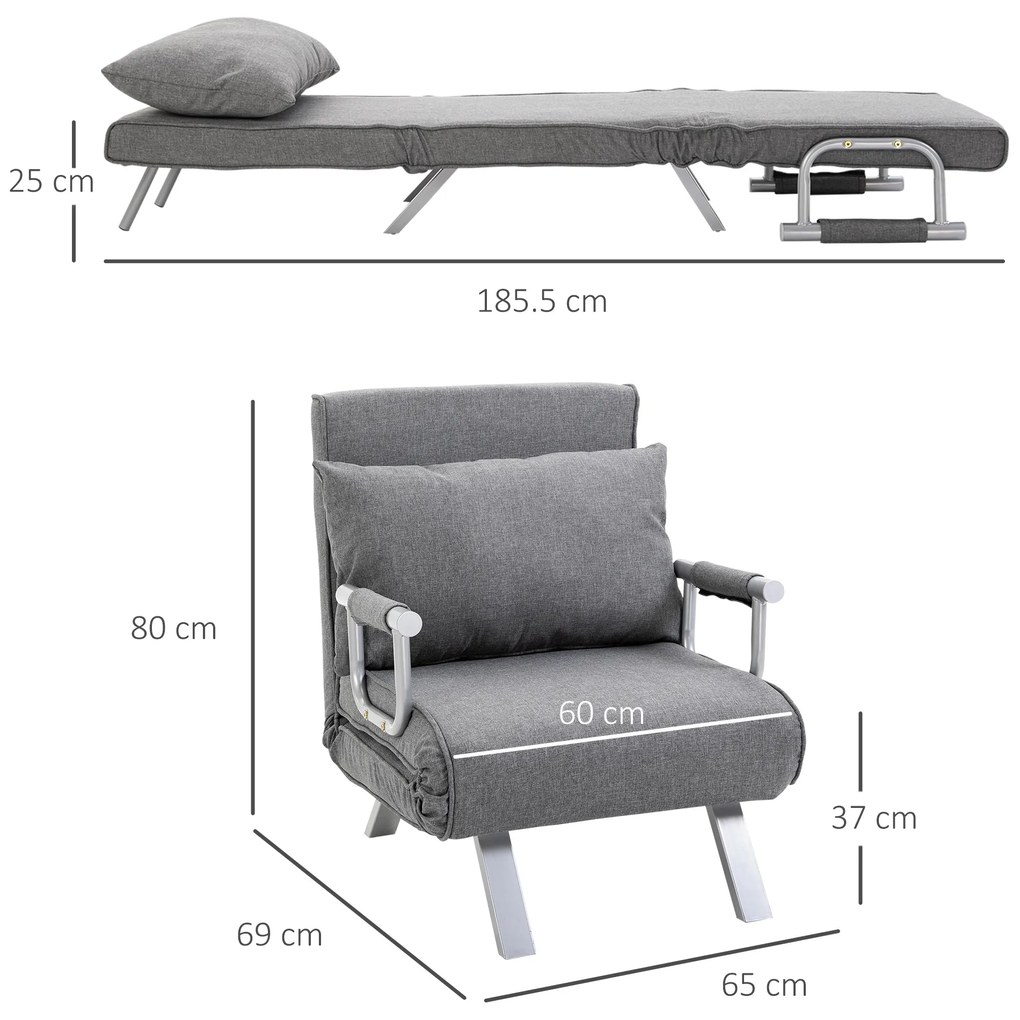 HOMCOM Fotoliu de relaxare cu funcție de întindere, Pat de oaspeți, 65 cm x 69 cm x 80 cm, Gri | Aosom Romania