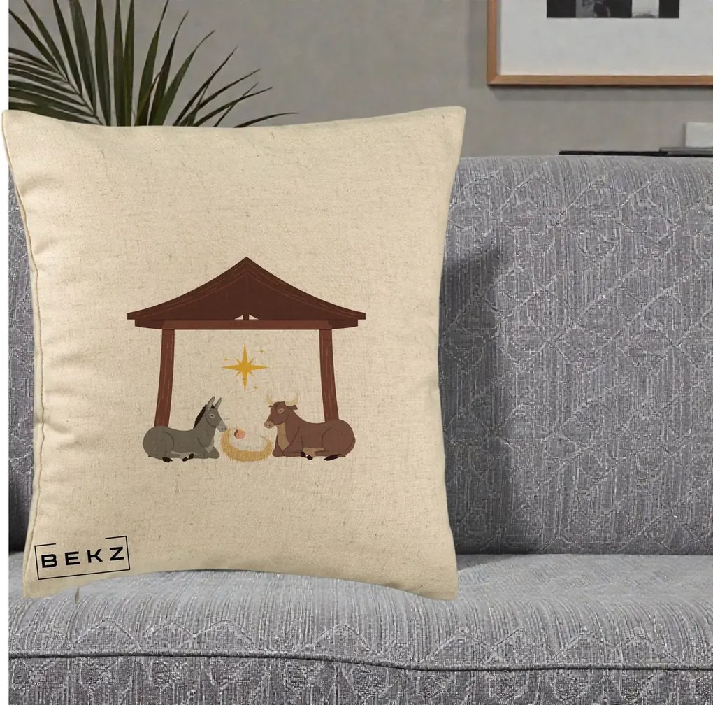 Perna Decorativa Ieslea din Betleem cu Iesle Asin si Bou, 40x40 cm, Bej, Husa Detasabila, Perna Inclusa, BEKZ®