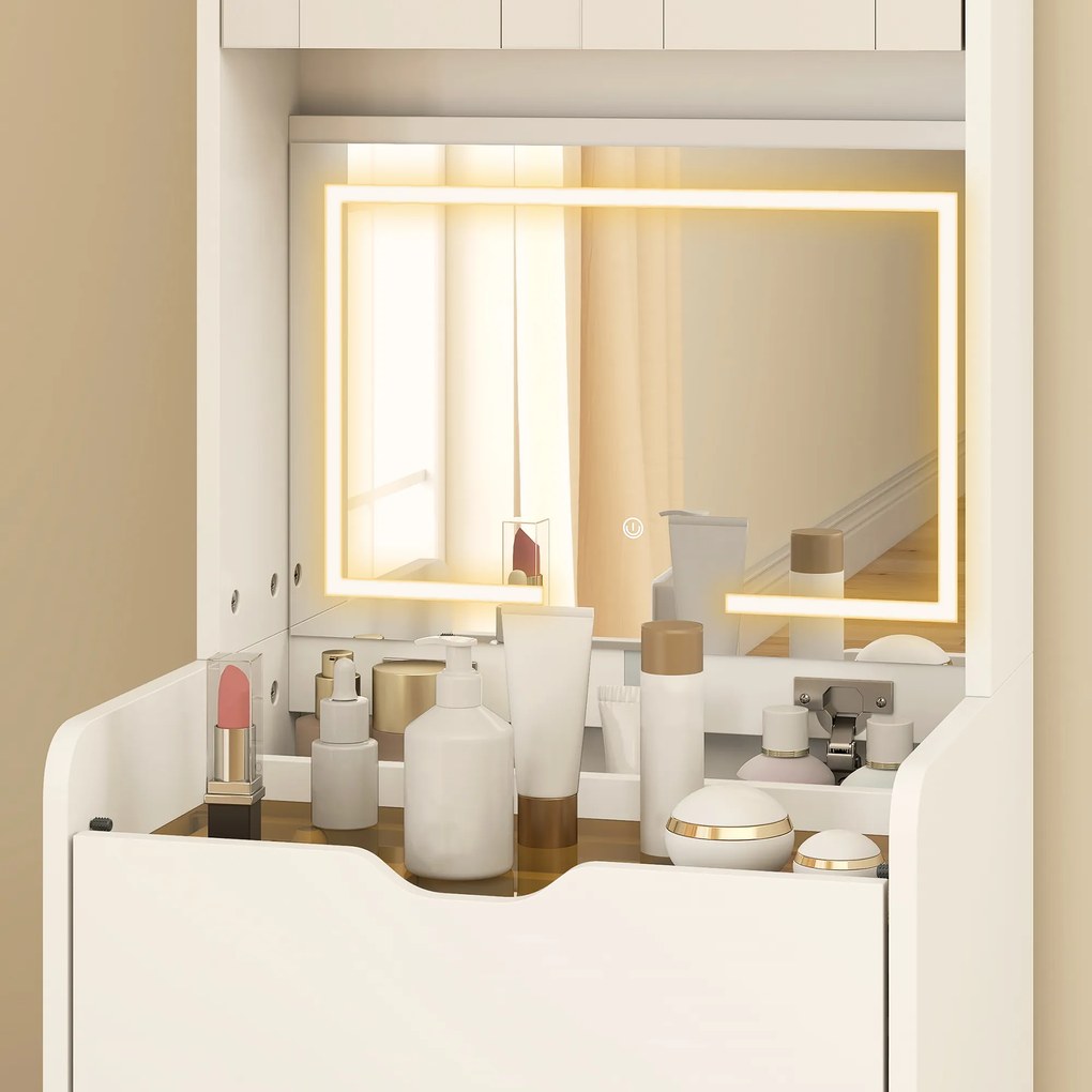 HOMCOM Stație de Machiaj cu Lumini LED în 3 Culori, Oglindă Rabatabilă, Scaun Ascuns, Măsuță de Machiaj cu Scaun Îmbunătățit, 3 Sertare, Compartiment, Dulap cu Uși din Sticlă, Modern, Alb | Aosom Romania