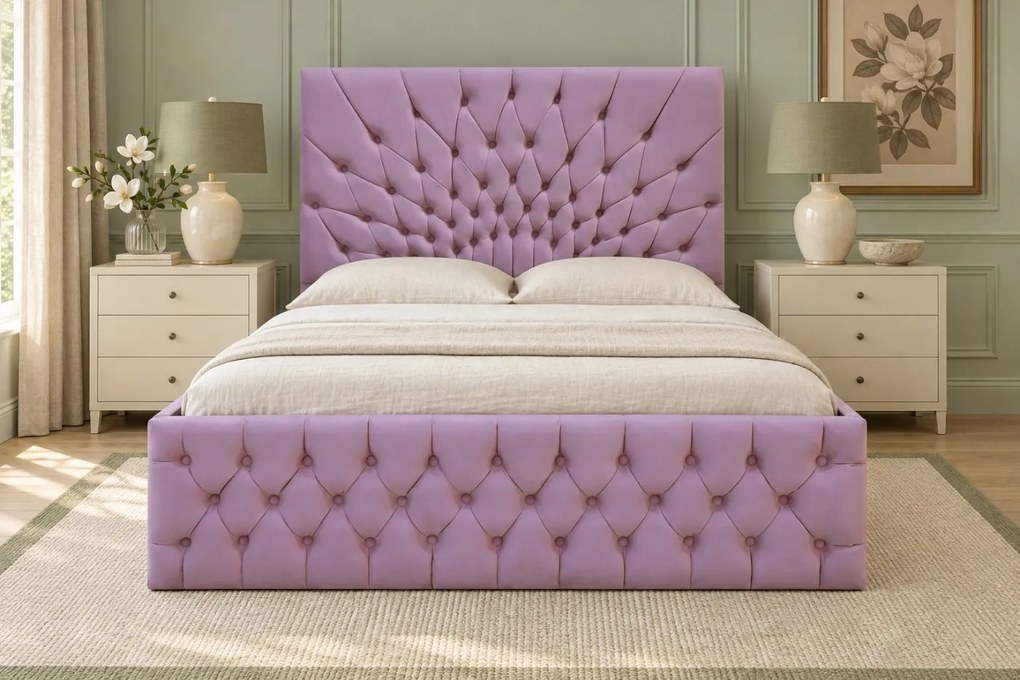 Pat tapițat Chesterfield din catifea Venezia 160×200 cm, lila, cu ladă de depozitare