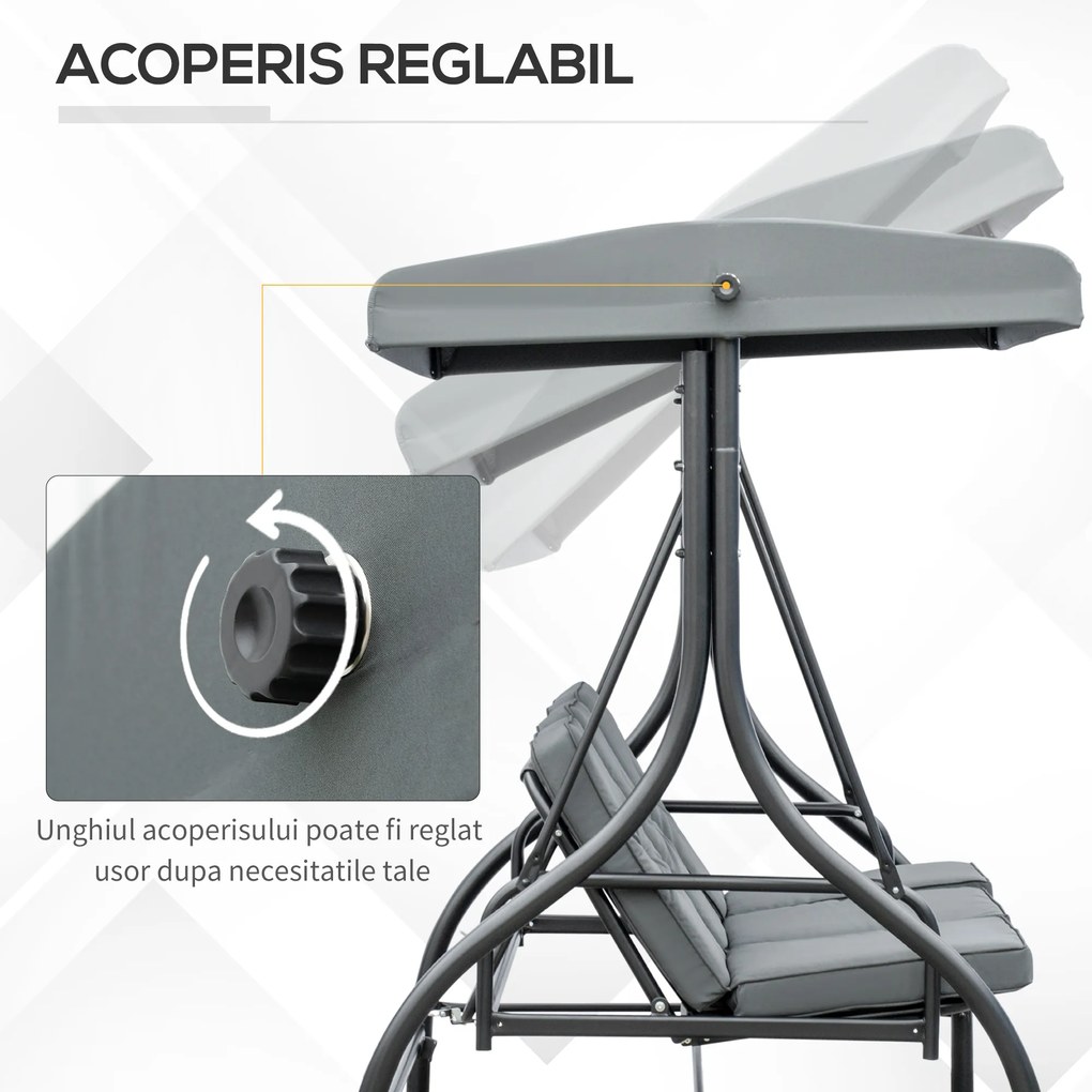 Outsunny Balansoar de Gradina 3 Locuri Convertibil in Pat cu Copertina Reglabila, Balansoar de Terasa din Metal si Tesut, Gri Inchis | Aosom Romania
