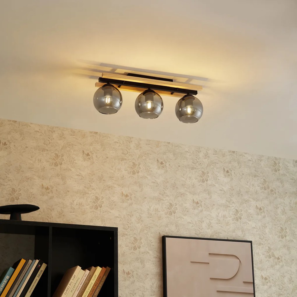 Plafonieră modernă neagră cu lemn și sticlă fumurie cu 3 lumini - Aleks