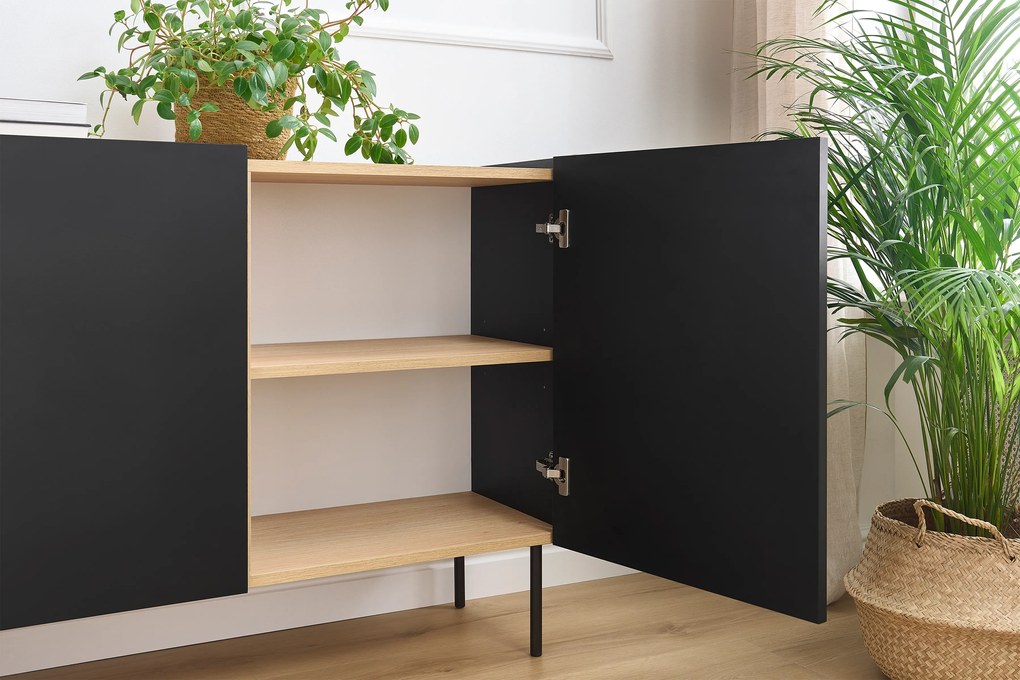 Comodă Desin 170 cm trei uși - negru mat / stejar Nagano