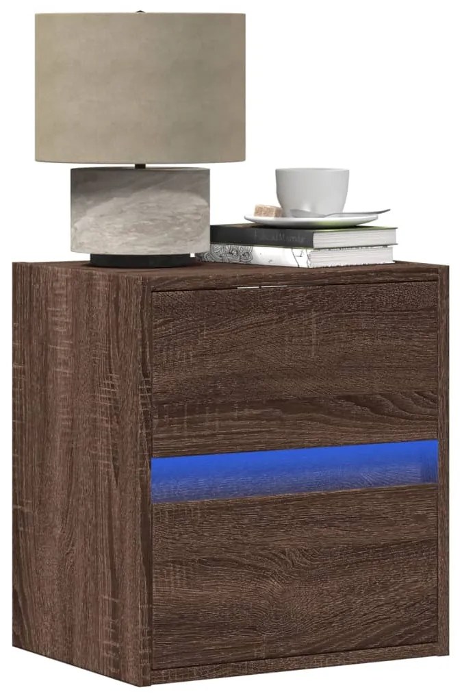 vidaXL Noptiere montate pe perete cu lumini LED, 2 buc., stejar maro