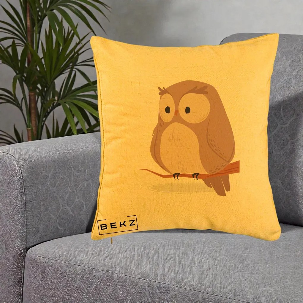 Perna Decorativa Bufnita Kawaii pe Creanga, 40x40 cm, Galben, Husa Detasabila, Perna Inclusa, BEKZ®