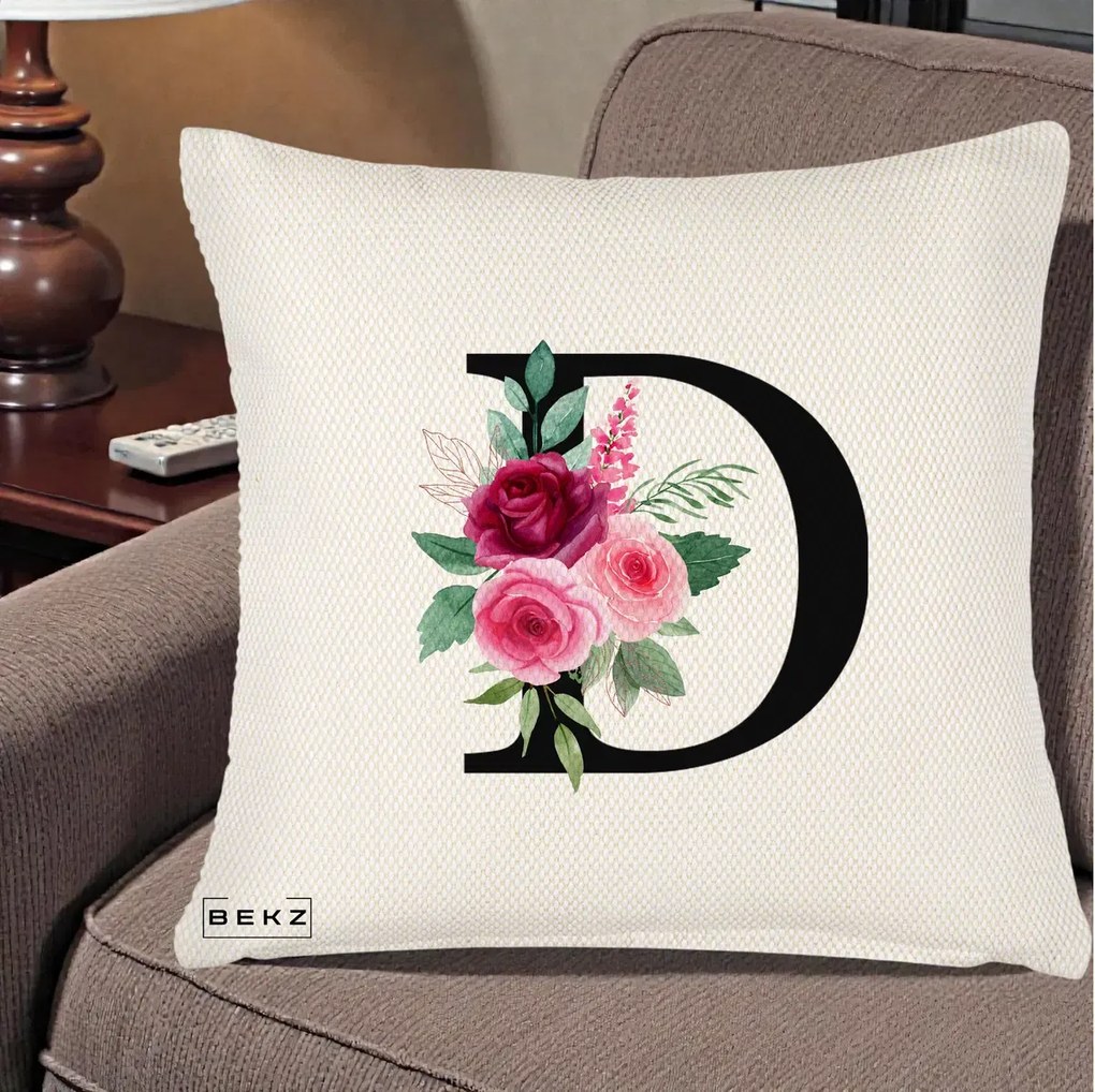 Cadou Personalizat - Perna Personalizata Monograma Florala Litera D, 40x40 cm, Crem Reliefat, Husa Detasabila, Perna Inclusa, BEKZ®
