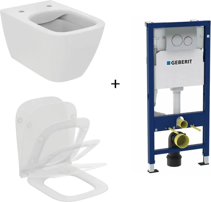 Set vas WC suspendat Ideal Standard I.life B cu capac slim softclose si set rezervor cu cadru incastrat si clapeta crom