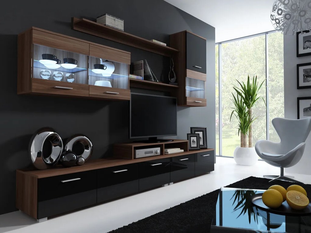 Camera de zi Charlotte 105Prun, Negru lucios, Cu comodă tv, Părți separate, MDF, PAL laminat, Sticlă, 300x42cm, 94 kg