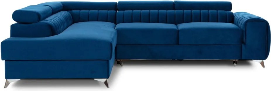 Colțar albastru extensibil/cu spațiu de depozitare cu tapițerie din catifea (cu colț pe partea stângă/în formă de ”L”) Laurence – ELTAP