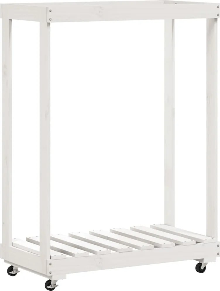 vidaXL Suport de bușteni cu roți, alb, 76,5x40x108 cm, lemn masiv pin
