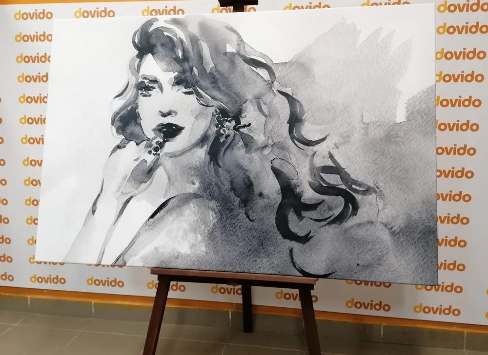 Tablou portretul feminin în acuarelă în design alb-negru