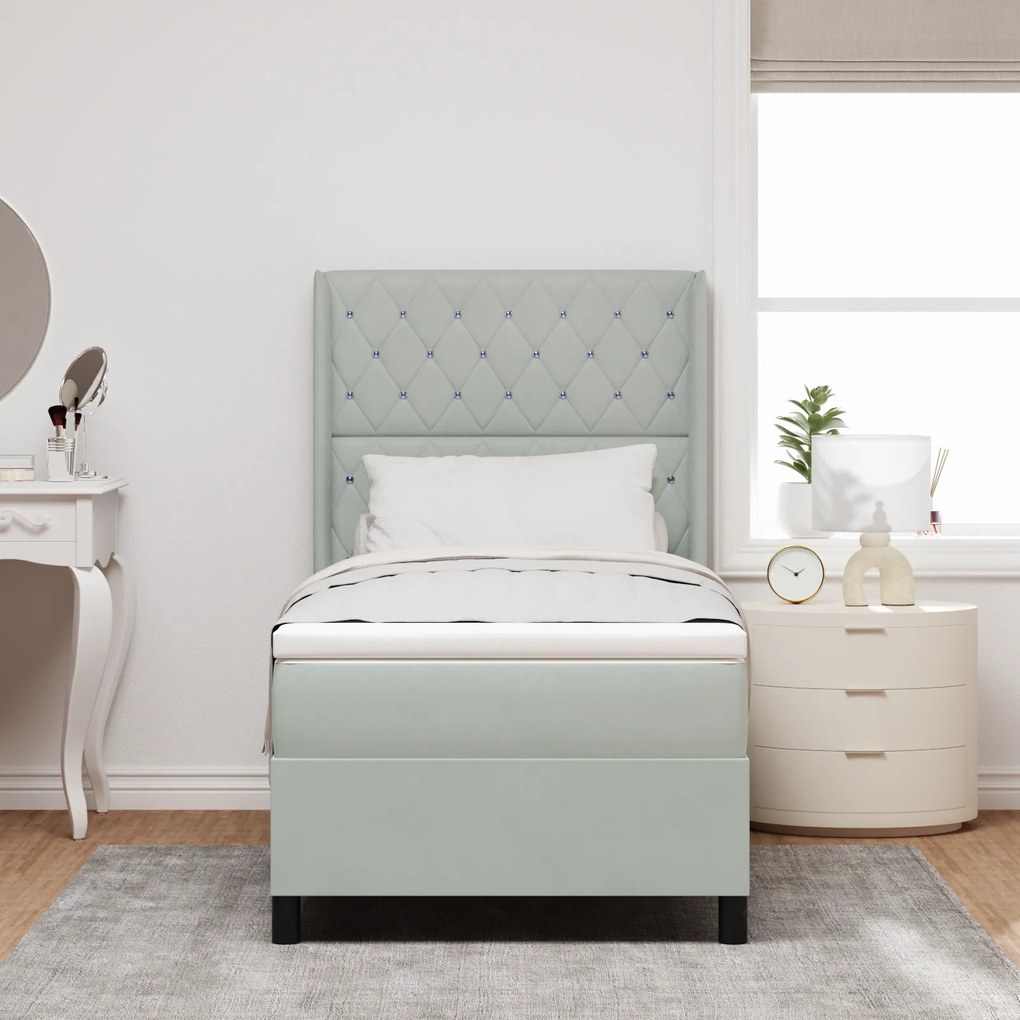 vidaXL Pat box spring cu saltea, gri deschis, 90x200 cm, catifea