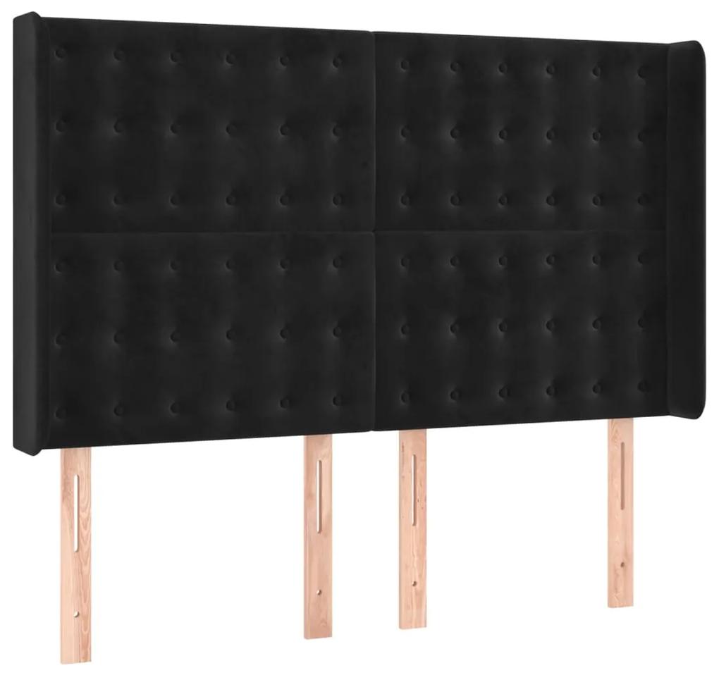 Pat cu arcuri, saltea si LED, negru, 140x200 cm, catifea Negru, 140 x 200 cm, Nasturi de tapiterie