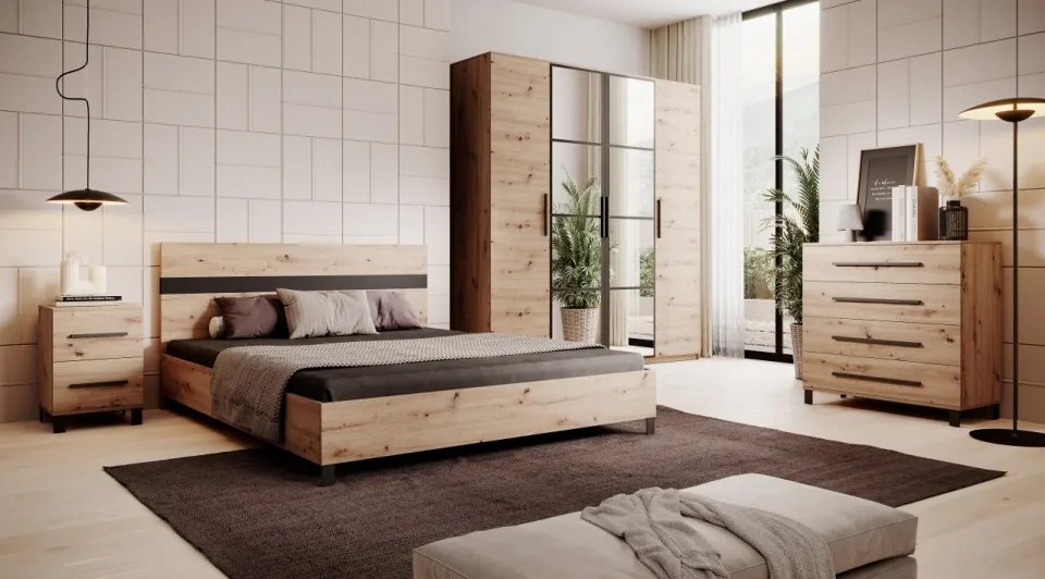 Pat dublu cu rama pentru saltea, 165x90x210 cm, Malen, ADRK Furniture (Culoare: Natural)