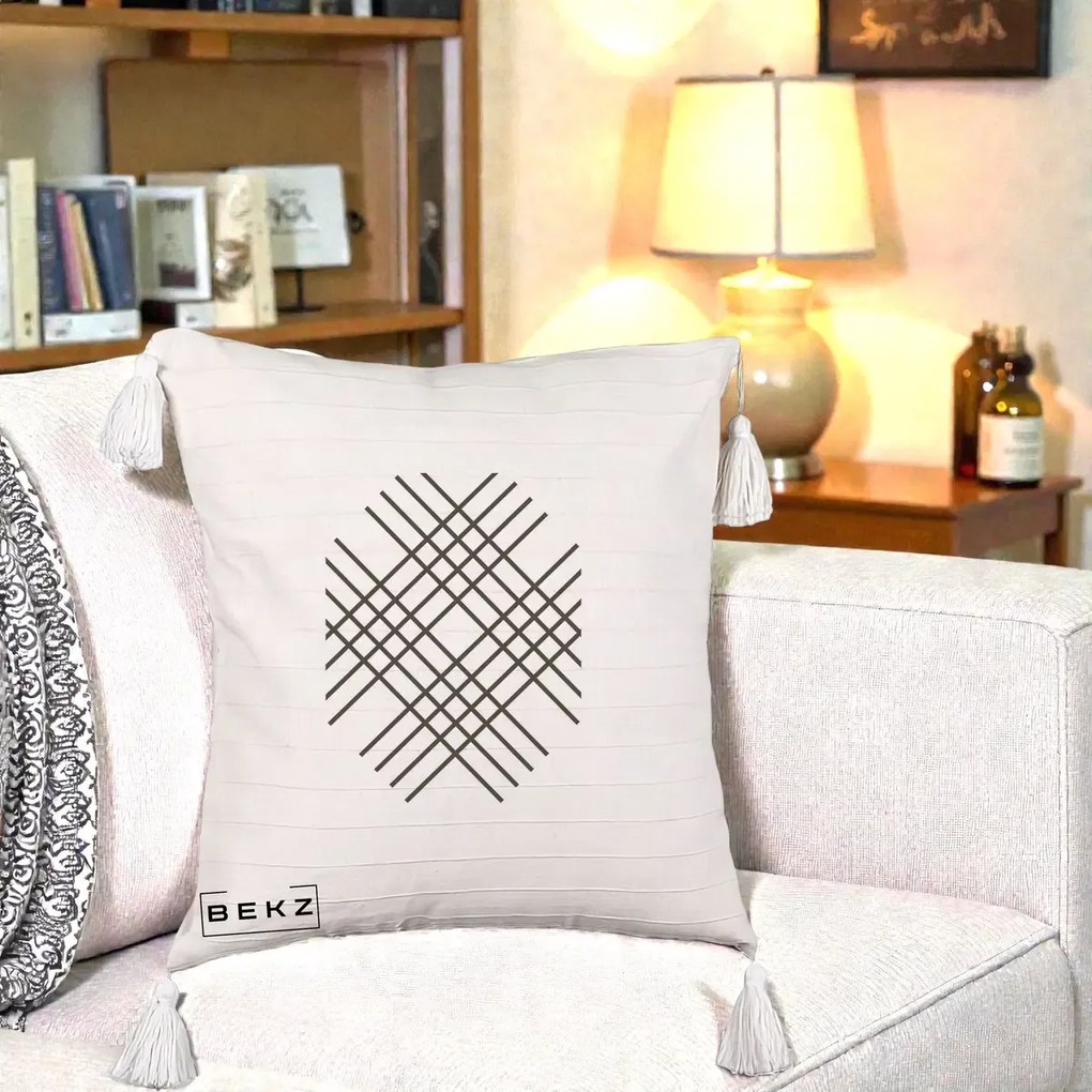 Perna Decorativa Geometric Grid, 40x40 cm, Bej cu Franjuri, Husa Detasabila, Perna Inclusa, BEKZ®