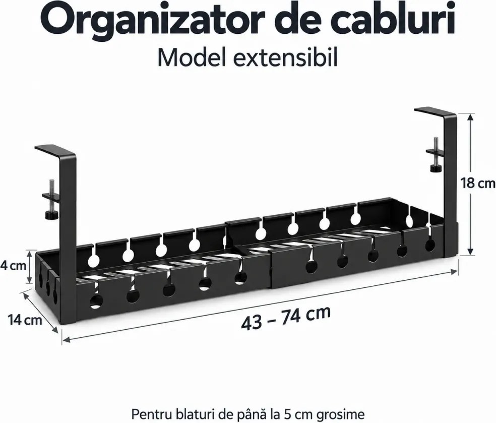 Organizator de cabluri sub birou, extensibil 43–74 cm, lățime 14 cm, prindere fără găurire, oțel carbon, Negru