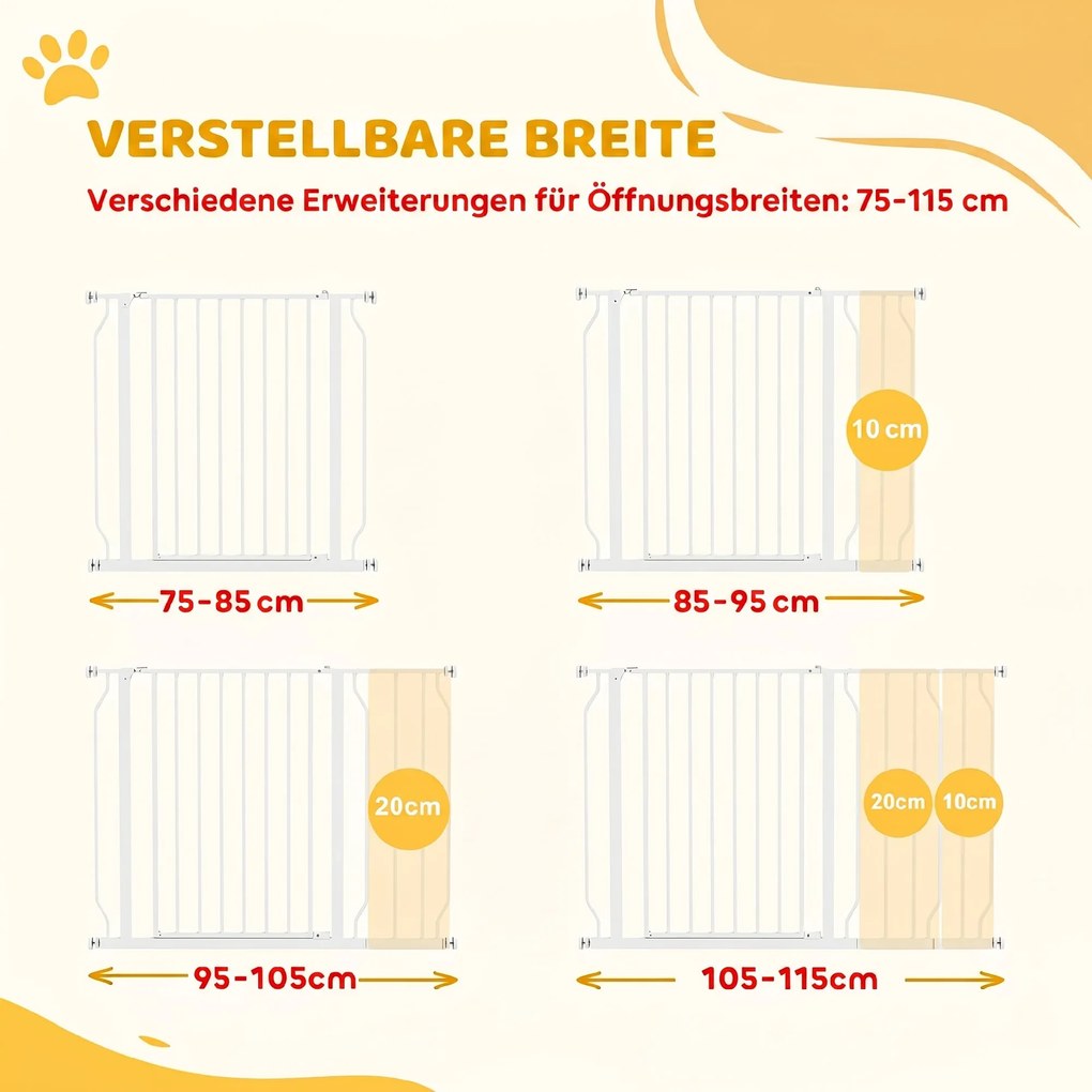 PawHut Poartă de Siguranță pentru Câini din Oțel și ABS, Poartă Extensibilă pentru Câini pentru Scări și Uși, 75-115 cm, Alb