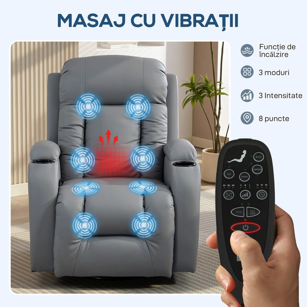 HOMCOM Fotoliu Reclinabil Masaj Încălzită E Telecomandă, Gri Chiaro | Aosom Romania