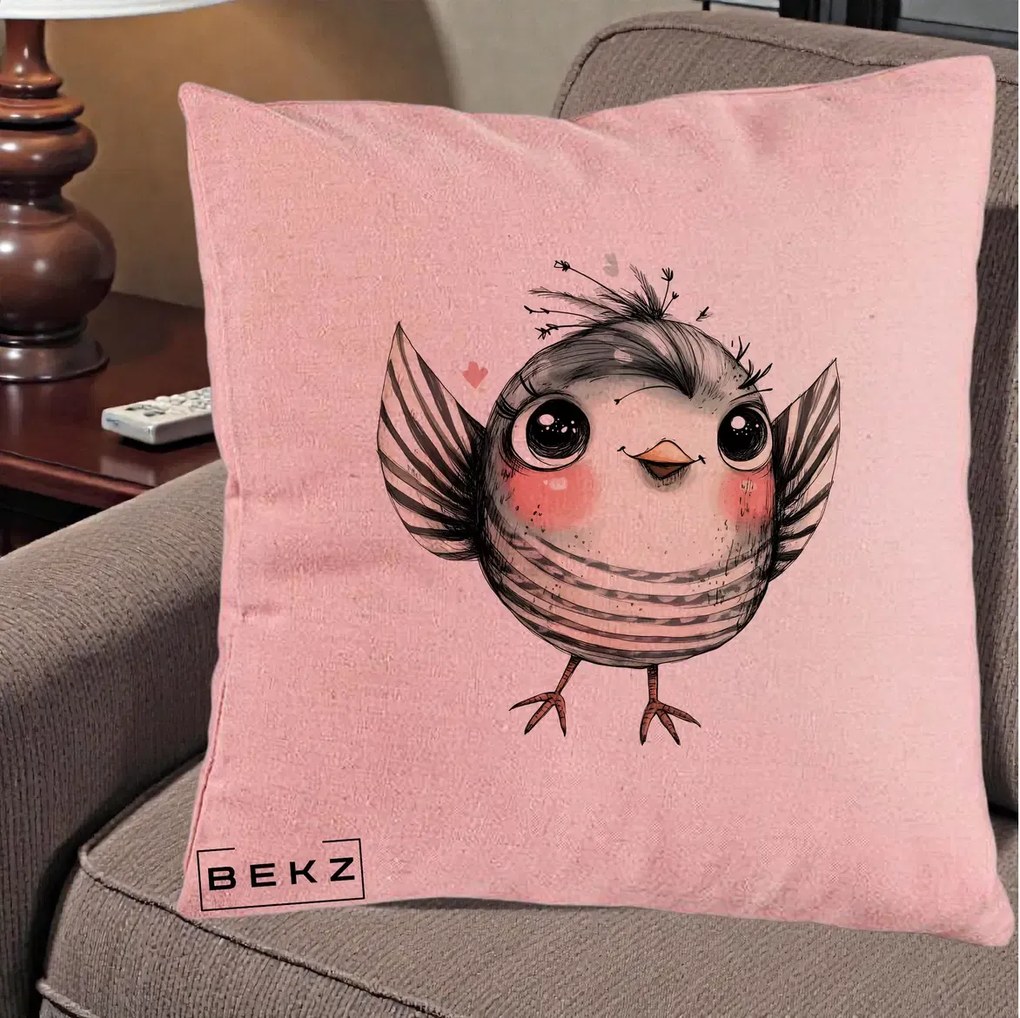 Perna Decorativa Pasare Gri cu Aripi si Inimioare, 40x40 cm, Roz, Husa Detasabila, Perna Inclusa, BEKZ®