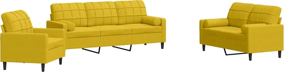 vidaXL Set de canapele cu perne/rulouri, 3 piese, galben, catifea