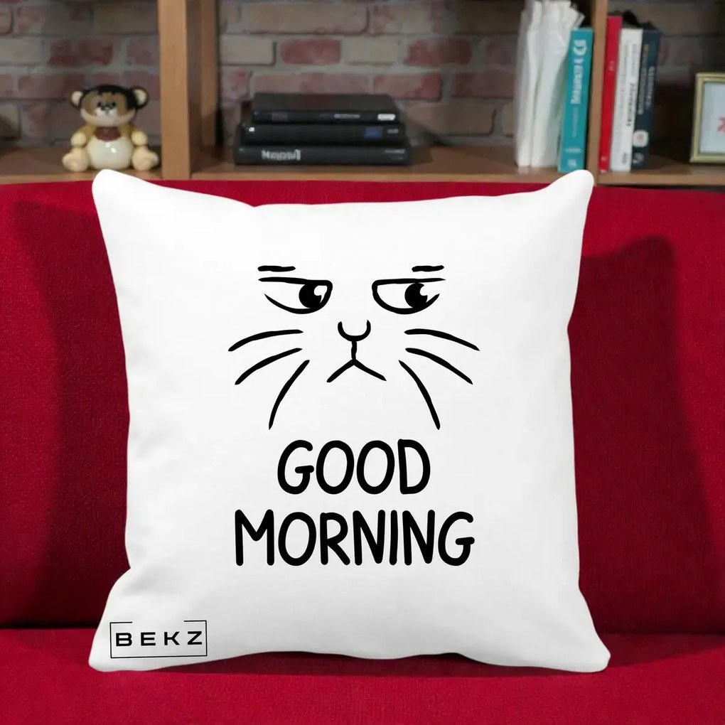 Perna Decorativa Pisica Morocanoasa Good Morning, 40x40 cm, Alba Mata, Husa Detasabila, Perna Inclusa, BEKZ®