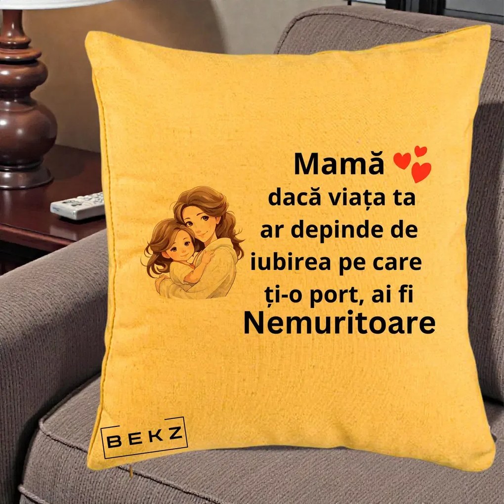 Cadou pentru Mama - Perna Personalizata Mama Nemuritoare cu Balon Inima, 40x40 cm, Galben, Husa Detasabila, Perna Inclusa, BEKZ®