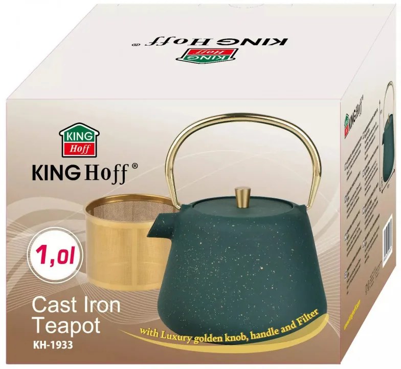 Ceainic din fonta cu infuzor Kinghoff KH 1933, 1 l, Interior emailat, Inducție, Verde