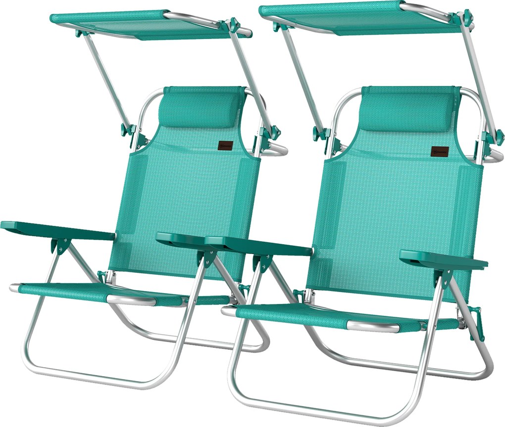 Outsunny Set de 2 scaune de plajă pliabile cu copertină reglabilă spătar rabatabil în 6 poziții tetieră turcoaz | Aosom Romania