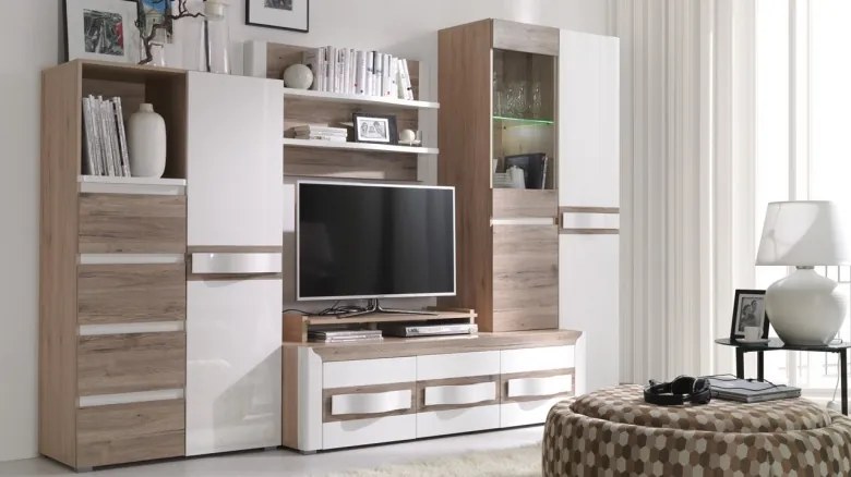 Living PASSIONATA Z.A , 5 corpuri, cu lumini LED, corp PAL sonoma, fronturi MDF alb lucios, 300x60x198 cm